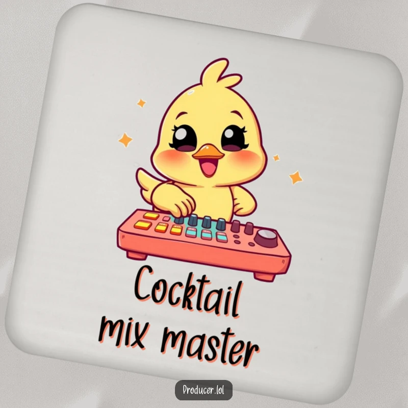 Funny Chick Producer Coasters: A cheerful chick tapping on a colorful mixing board, protecting surfaces with musical flair.