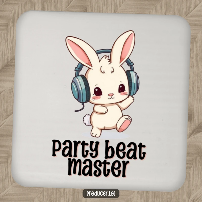 Funny drink coaster with a curious bunny wearing oversized headphones and tapping its foot, protecting surfaces with humorous, musical flair.