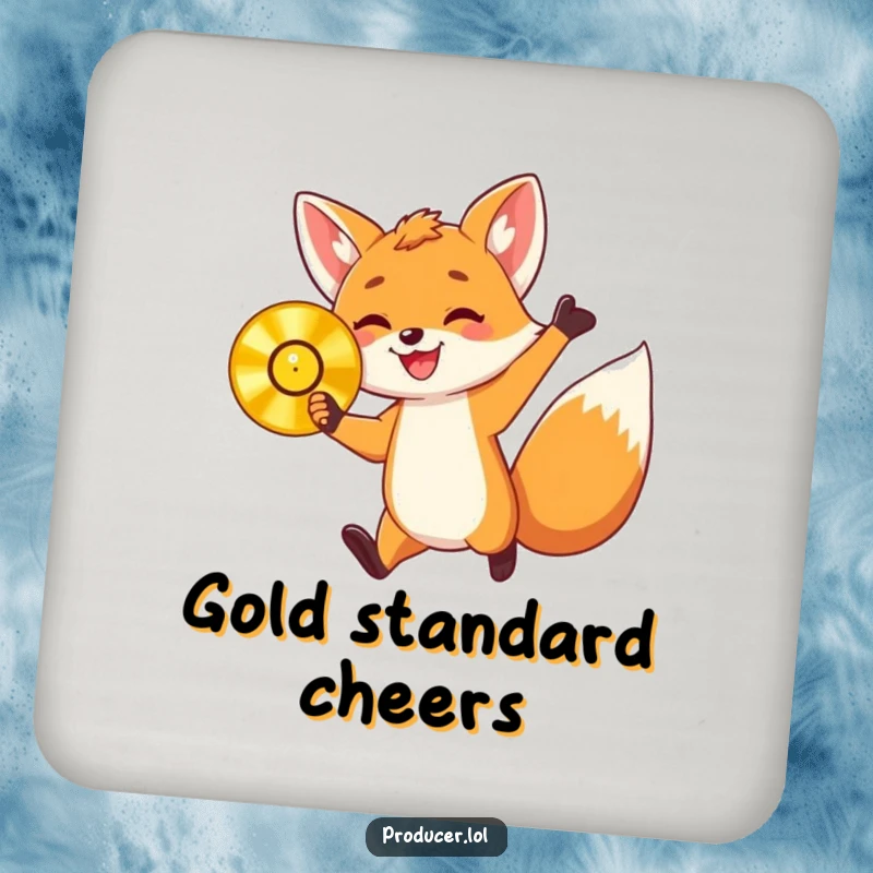Funny drink coaster with an energetic fox cub holding a golden record and jumping with delight, protecting surfaces with humorous, celebratory flair.