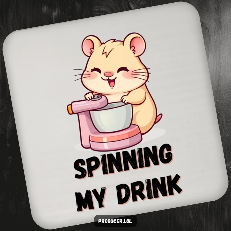 Funny cheerful hamster concentrating while spinning a DJ mixing board, depicted on a protective drink coaster.