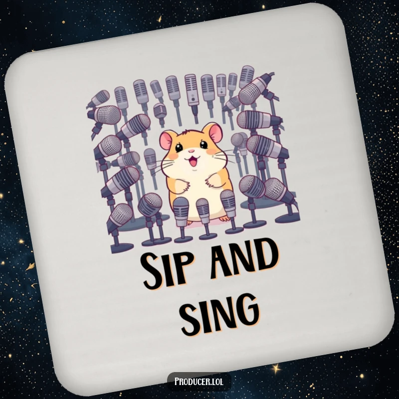 Funny coaster showing a happy hamster surveying a collection of microphones, protecting surfaces with comedic appeal.