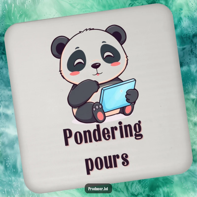 Funny playful panda tapping its chin thoughtfully while holding a glowing tablet, absorbent drink coaster, humorous table protection accessory.