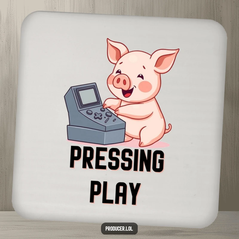 Funny pig console coaster, friendly character pressing buttons on a console, protecting surfaces from drinks.