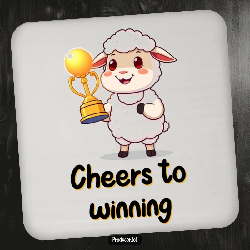 Funny proud sheep character drink coasters presenting a glowing award statue, adding celebratory flair and playful humor.