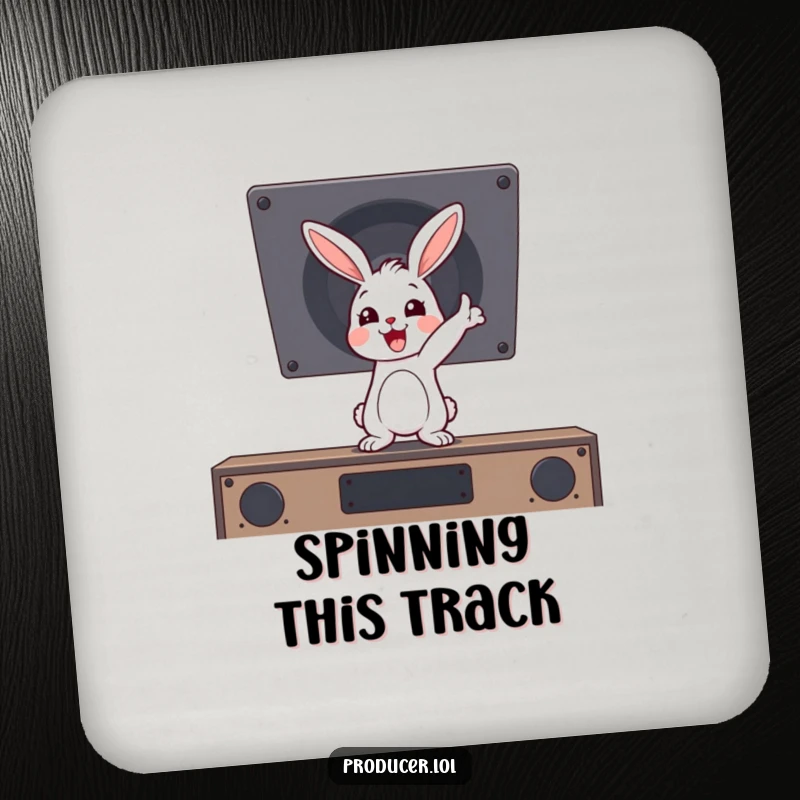Funny cartoon rabbit enthusiastically pointing at a speaker, bringing party vibes to this protective drink coaster.