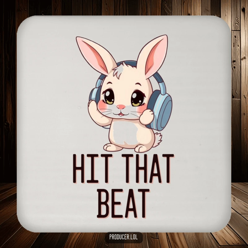 Funny curious rabbit with wide eyes adjusting large headphones, a humorous set of coasters for protecting furniture.