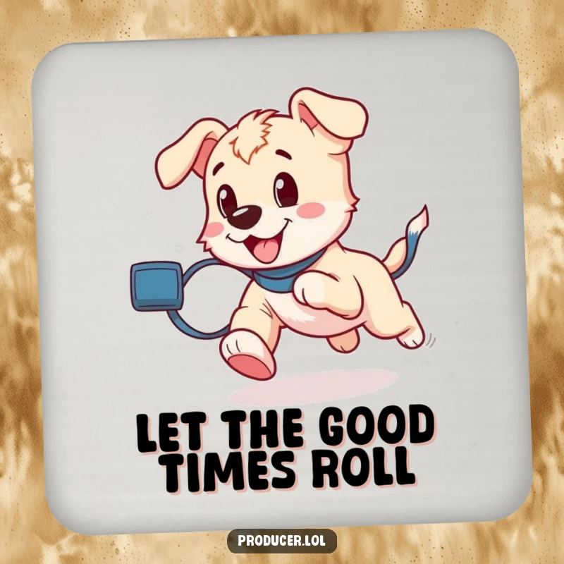 Funny playful puppy running with a roll of film trailing, depicted on a protective drink coaster.