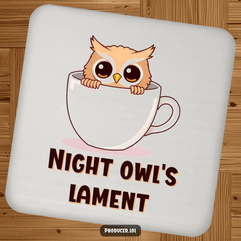 Funny owl coaster, curious owl peeking, behind empty coffee cup, drink protection, table accessory.