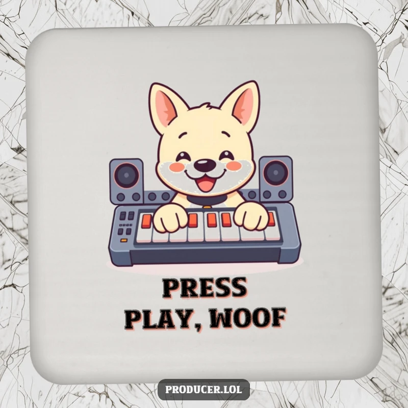 Funny drink coaster featuring a happy dog enthusiastically pressing buttons on a soundboard with its paws, adding musical humor.