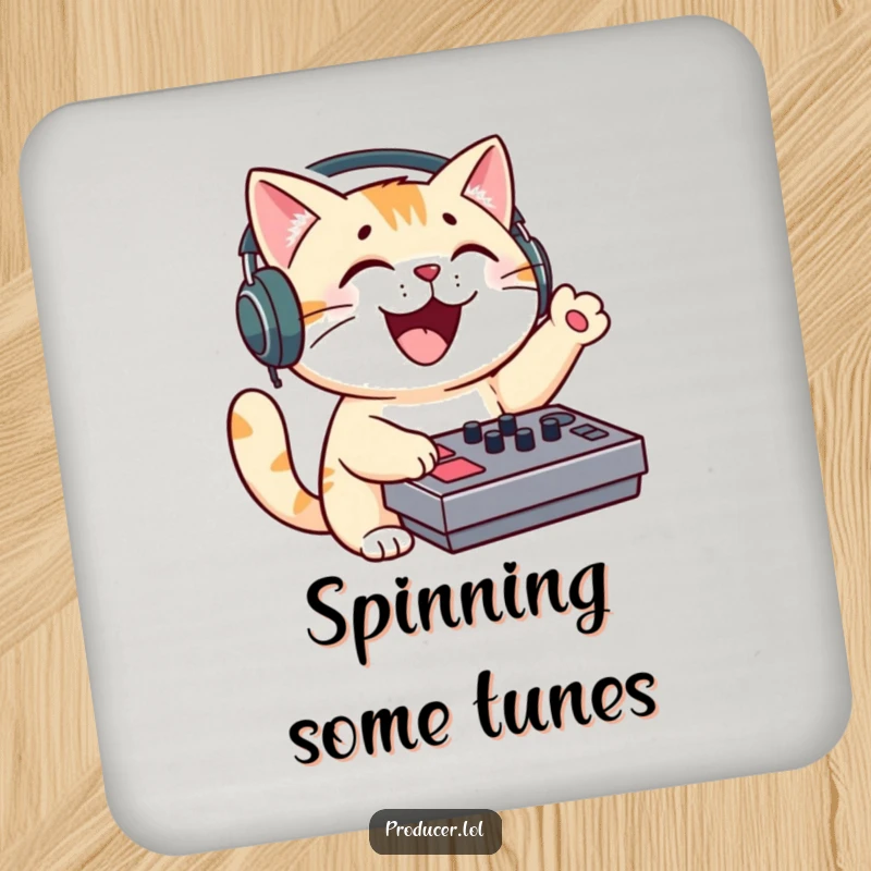 Funny cat DJ drink coaster, feline with headphones, enthusiastically mixing sound, preventing drink rings.