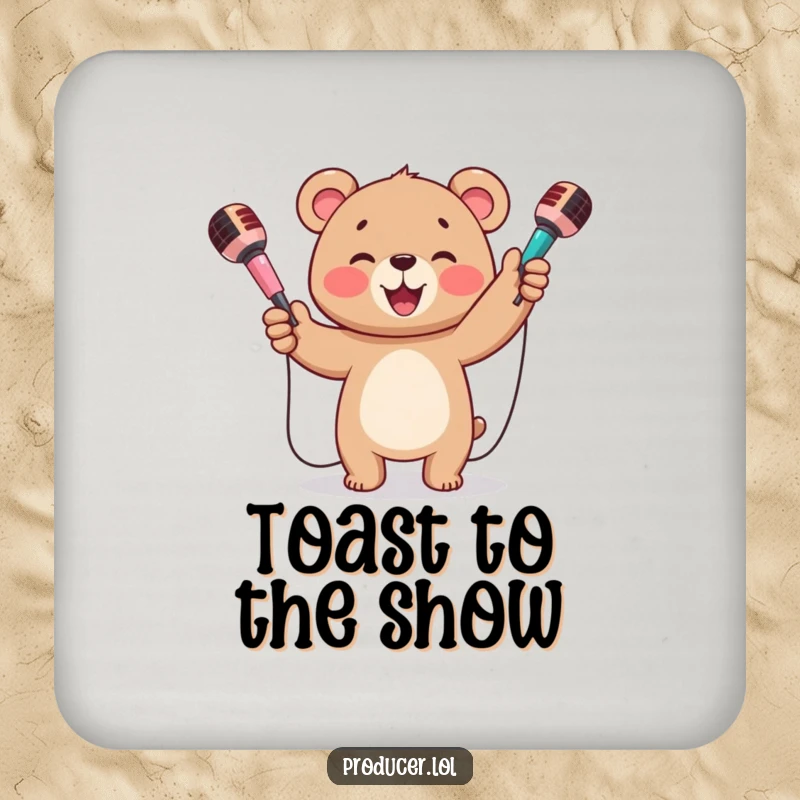 Funny drink coaster with a happy bear cub beaming and juggling three colorful microphones, ready to protect.