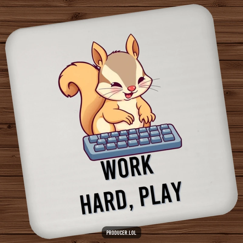 Funny coaster showing a busy squirrel energetically typing on a keyboard with tiny paws, adding a humorous touch to any drink setting.
