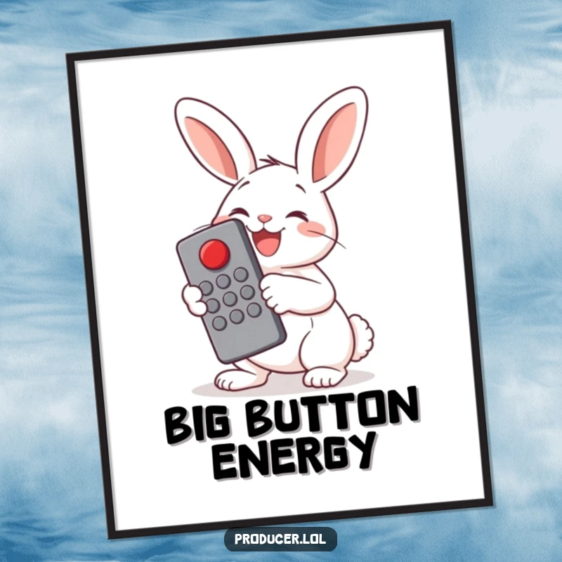 Funny Bunny Button Pusher Poster: A cheerful bunny joyfully presses a big red button with a large remote, symbolizing fun and decisive action.