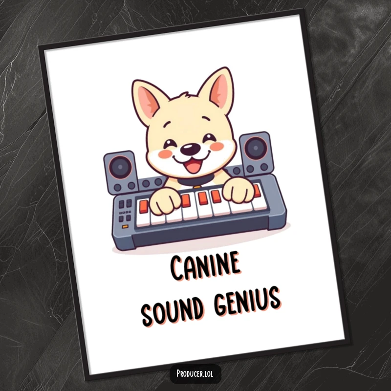 Funny poster art of a happy dog enthusiastically pressing buttons on a soundboard with its paws, adding musical humor to decor.