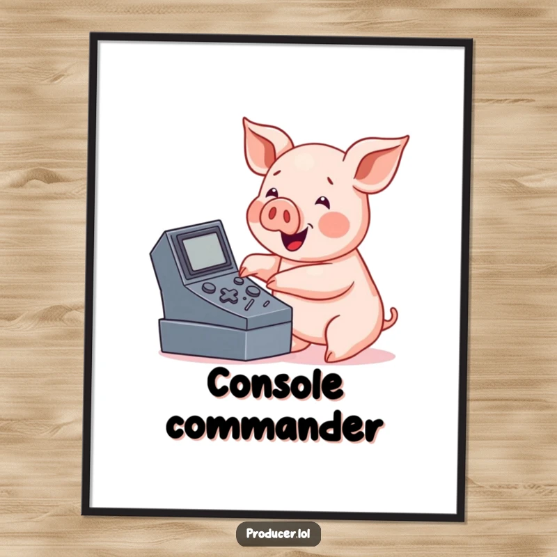 Funny pig poster, friendly character enthusiastically pressing buttons on a large console, vibrant tech-themed art.