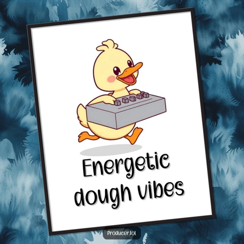 Funny duck poster art featuring a happy cartoon character energetically pushing a large mixing board, a humorous and delightful baking scene.