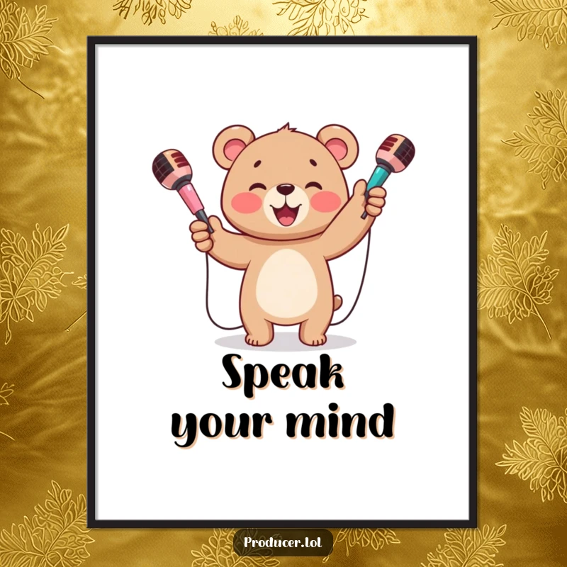 Funny poster depicting a happy bear cub beaming and enthusiastically juggling three colorful microphones.