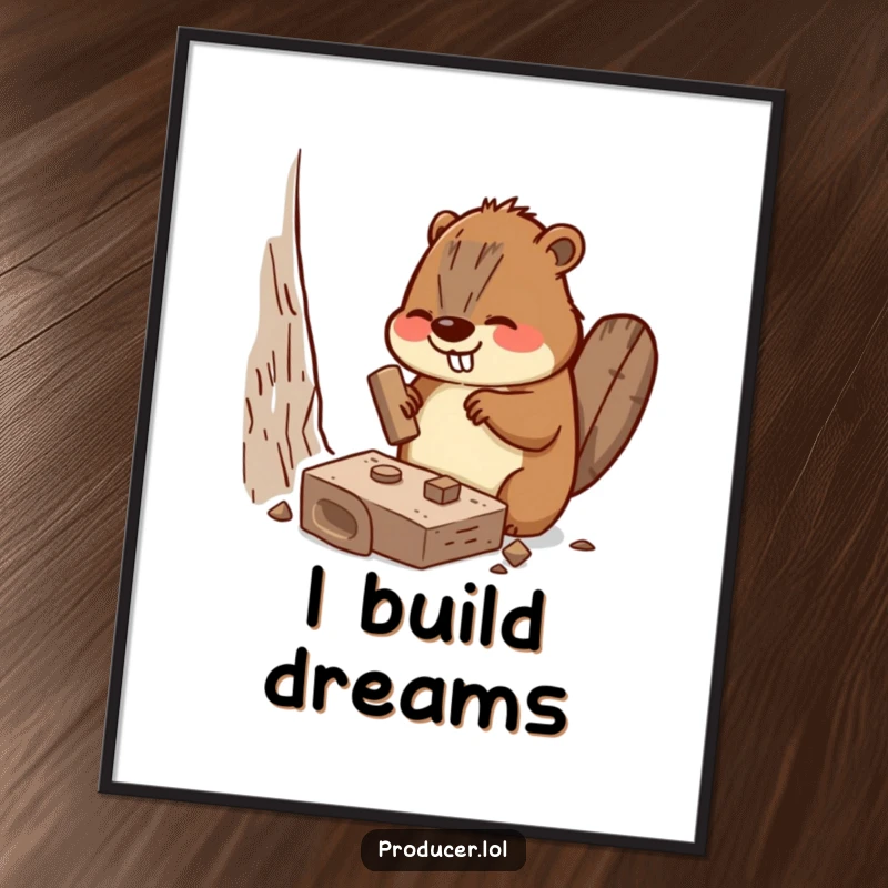 Funny Beaver Poster displaying a busy beaver enthusiastically hammering a miniature set piece, giftable humorous wall art.