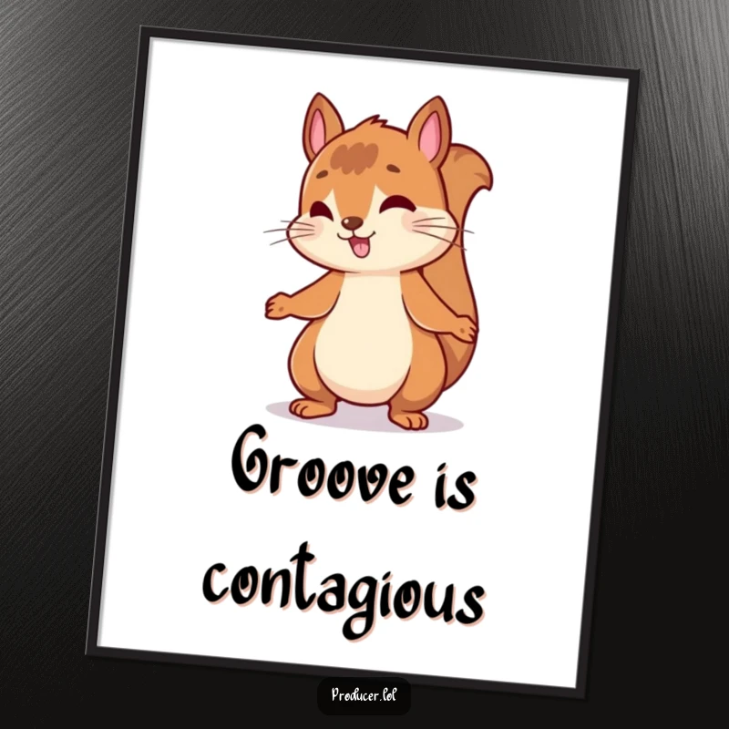 Funny poster art of an energetic squirrel bouncing and rhythmically nodding its head to an unheard, upbeat musical beat.