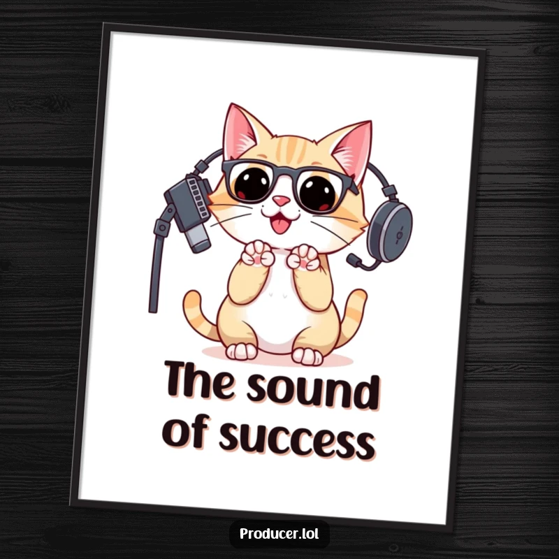 Funny cat DJ in a studio headset, captured mid-clapping with paws raised, bringing energetic vibes to this poster.