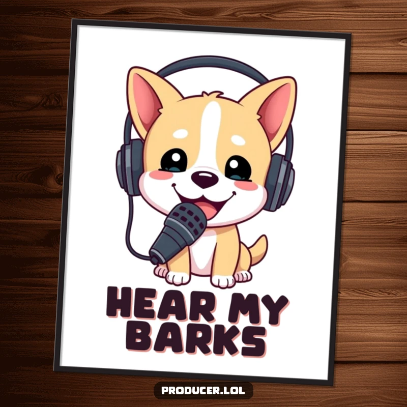 Funny poster art of a happy dog wearing a headset, enthusiastically holding a microphone to its mouth, ready to speak.
