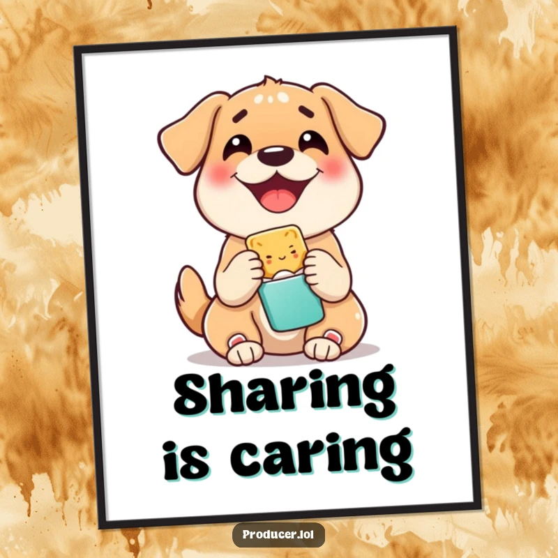 Funny poster with a happy dog sharing a snack, radiating pure joy and friendliness, ideal wall art for dog enthusiasts.