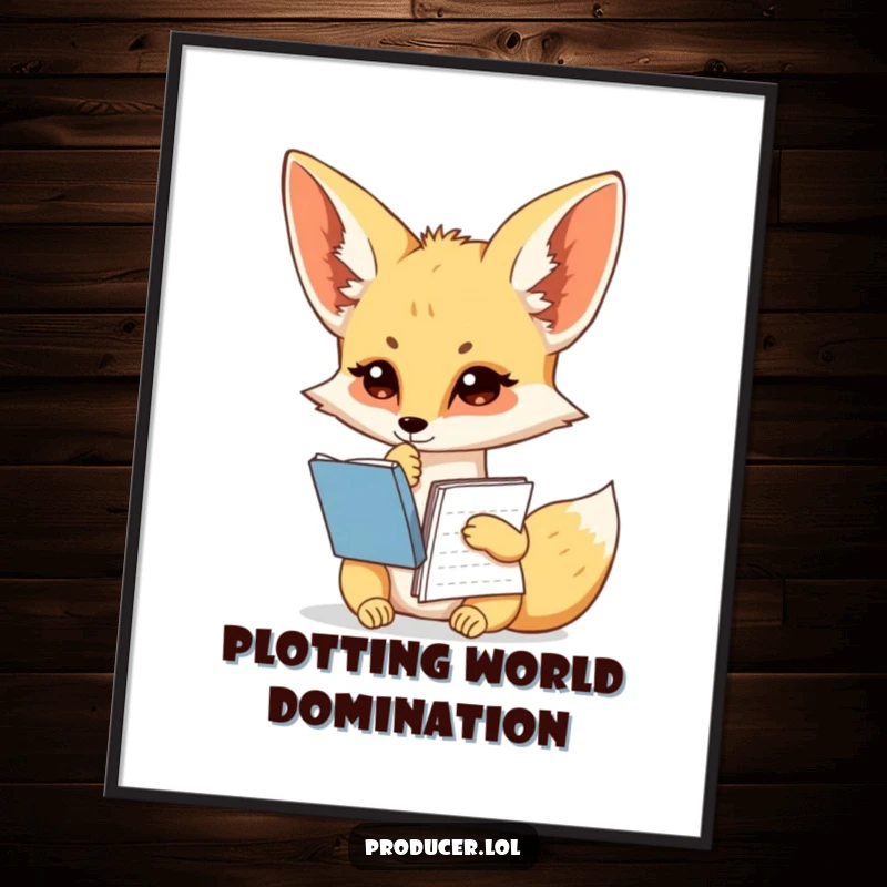 Funny fennec fox poster, thoughtful writer pose, holding script notebook, creative wall art, office decor.