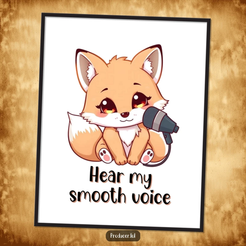 Funny Fox Singer Poster: A cuddly fox leaning into a microphone with bright eyes, full of passion for singing.