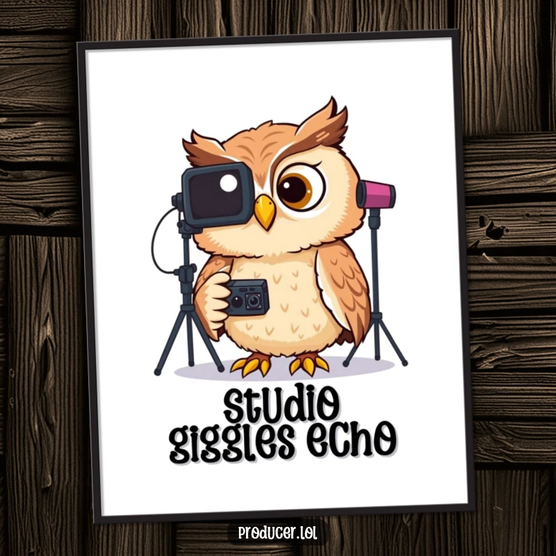 Funny poster art of a giggling owl wearing headphones, focused on reviewing video footage displayed on a large studio screen.