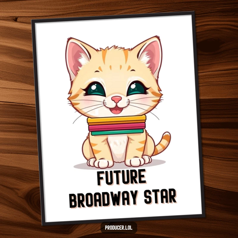 Funny Kitten Poster: A giggling kitten balancing a stack of colorful cue cards on its nose, a humorous display of talent.