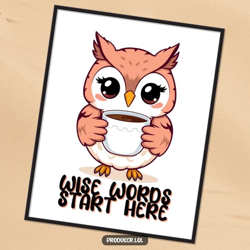 Funny Owl Poster: A jovial owl with a wide smile offers a steaming cup of coffee, bringing warmth and humor to wall decor.