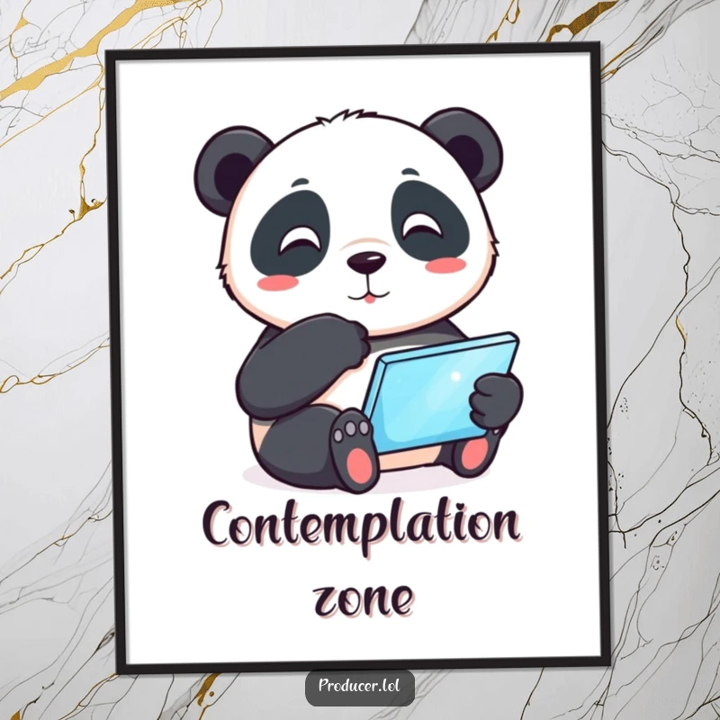 Funny playful panda tapping its chin thoughtfully while holding a glowing tablet, humorous poster art, perfect for home or office decor.