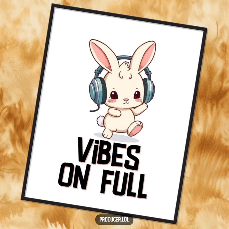 Funny poster print of a curious bunny wearing oversized headphones and tapping its foot, perfect for humorous and musical wall decor.