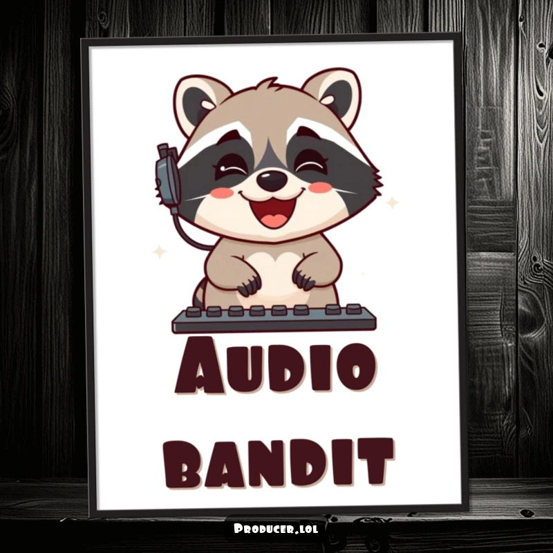 Funny Raccoon Poster: A grinning raccoon joyfully mixes sound levels, adding a humorous and artistic touch to any studio or room.