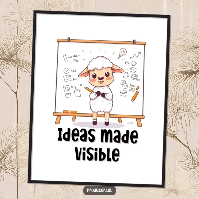 Funny Sheep Poster displaying a little sheep enthusiastically sketching a new idea on a large whiteboard, giftable humorous wall art.