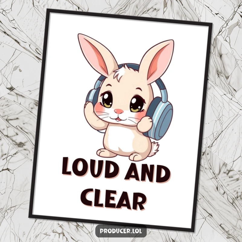 Funny curious rabbit with wide eyes adjusting large headphones, a humorous and charming art print for music rooms.