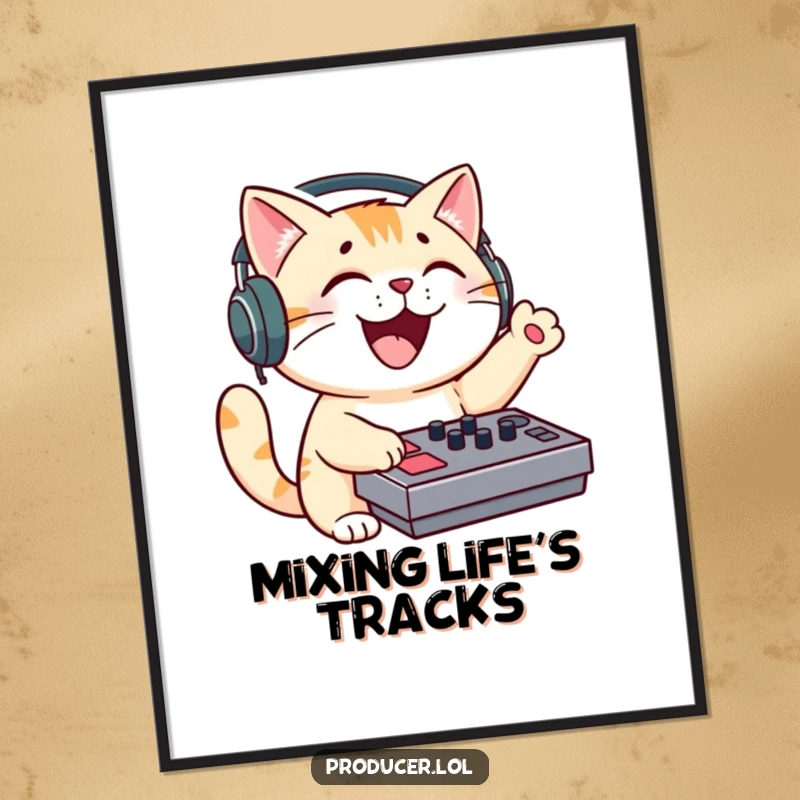 Funny cat DJ poster, lively feline with headphones, enthusiastically gesturing at a sound mixing board, creating music.