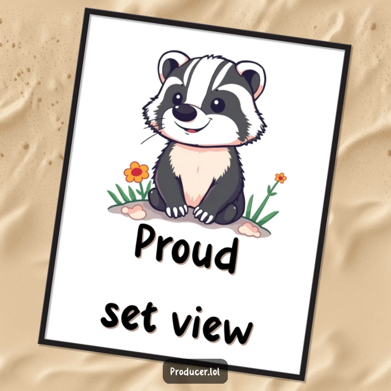 Funny poster art of a proud badger standing confidently, overlooking a brightly colored and vibrant stage or performance set.