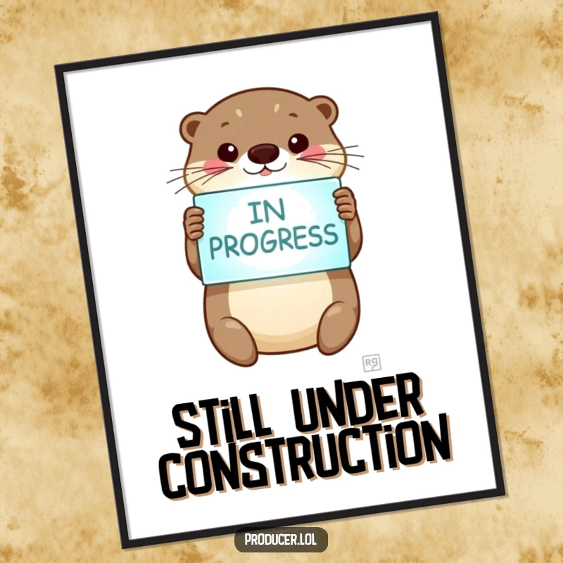 Funny otter poster, beaming otter, 'In Progress' sign, motivational artwork, cute home decor.