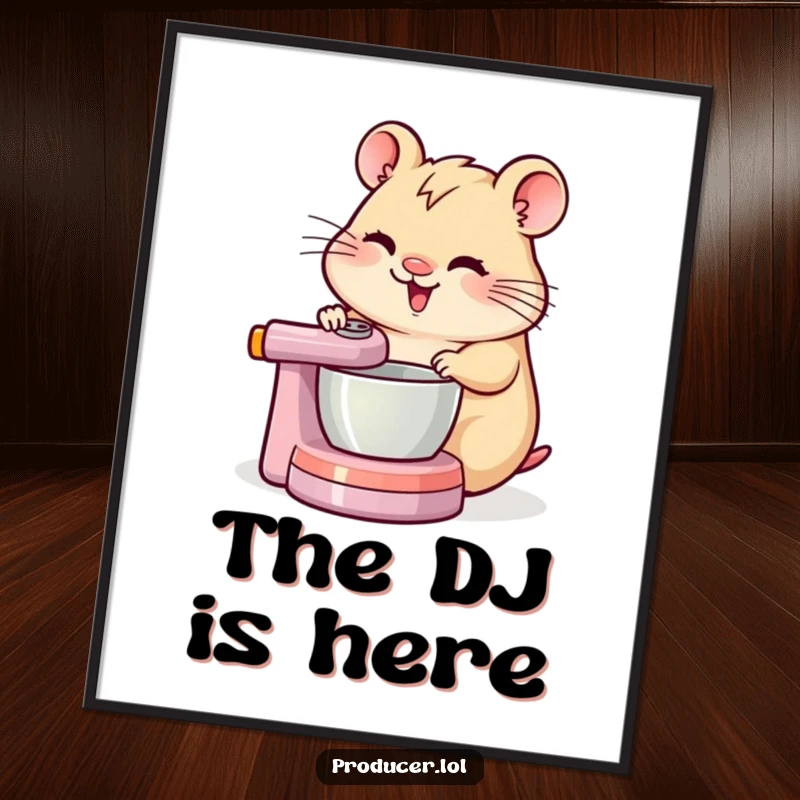 Cheerful hamster intensely spinning a DJ mixing board, depicted as a funny poster for music enthusiasts.