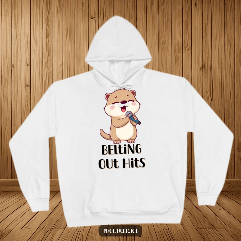 Funny otter hoodie, adorable character singing into a microphone with eyes closed, representing passion for music.