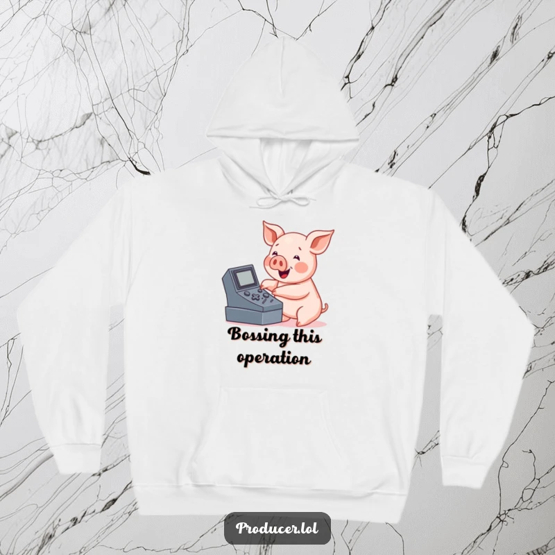 Funny pig hoodie, friendly character enthusiastically pressing buttons on a large console, ready for action.