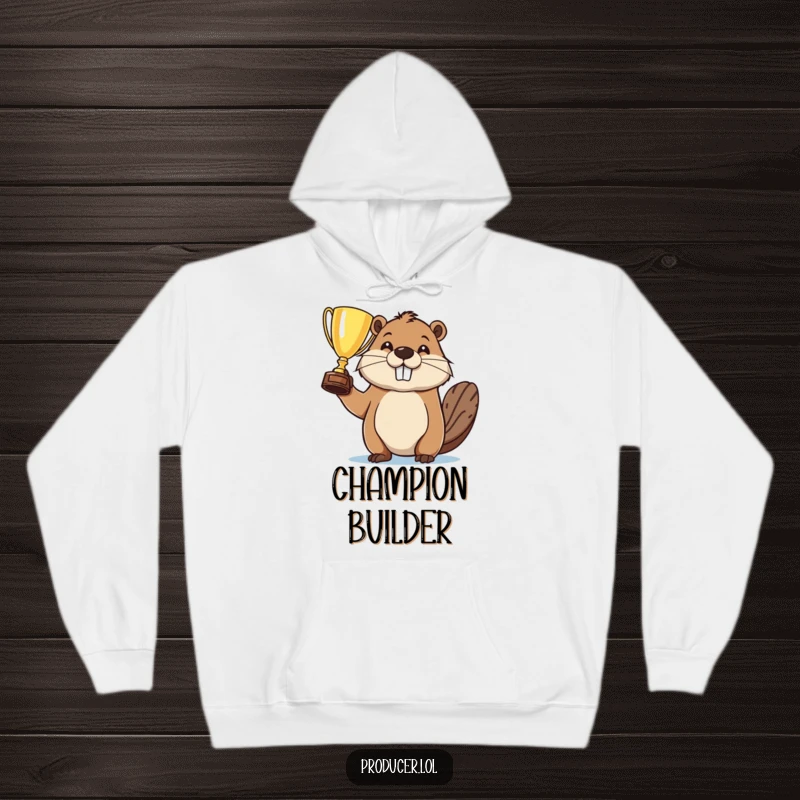 Funny hoodie featuring a proud beaver lifting a trophy overhead, symbolizing determination, achievement, and the sweet taste of victory.