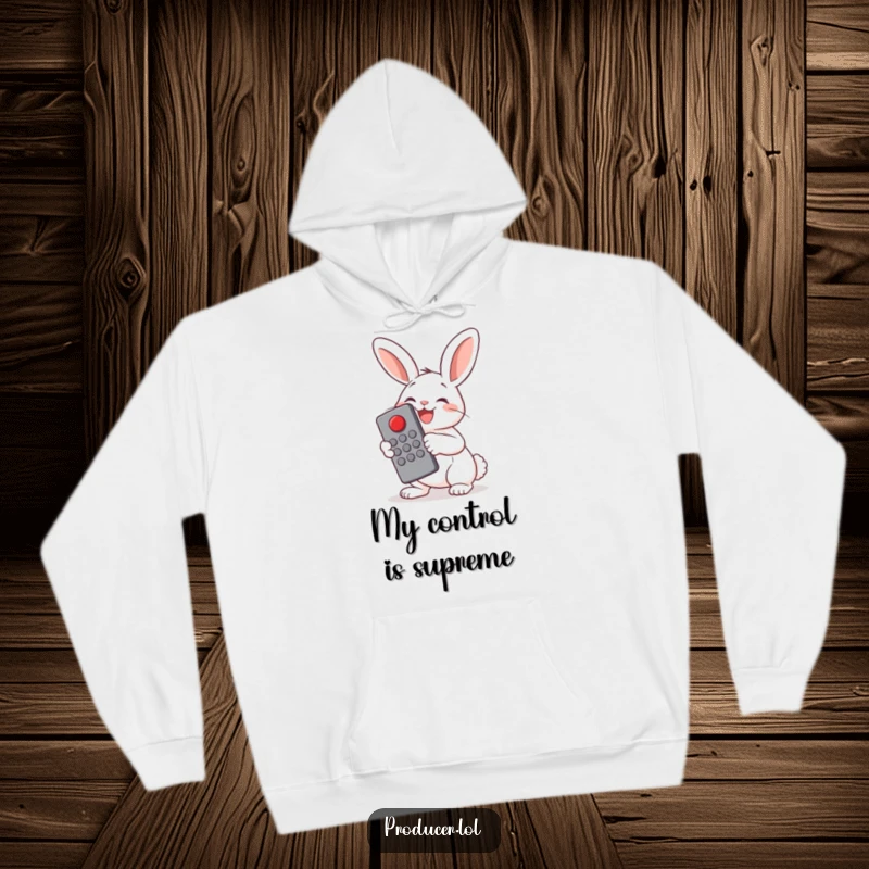 Funny Bunny Button Pusher Hoodie: A cheerful bunny happily presses a large red button with a remote control, designed for comfort and fun.