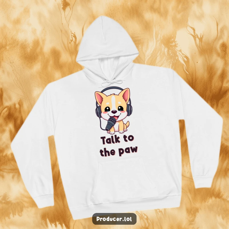 Funny hoodie featuring a happy dog wearing a headset and microphone, embodying enthusiasm for music or hosting.