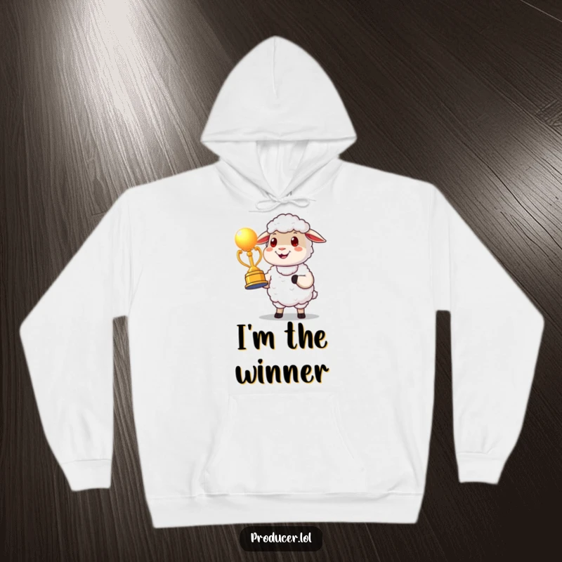 Funny proud sheep award hoodie, depicted holding a glowing award statue, offering warm comfort and a touch of celebratory humor.