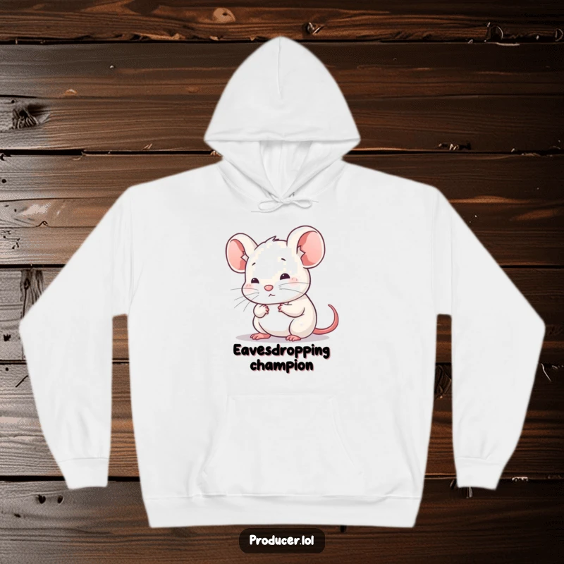 Funny hoodie depicting a small, focused mouse listening intently, offering warmth and a symbol of attentiveness and quiet wisdom.