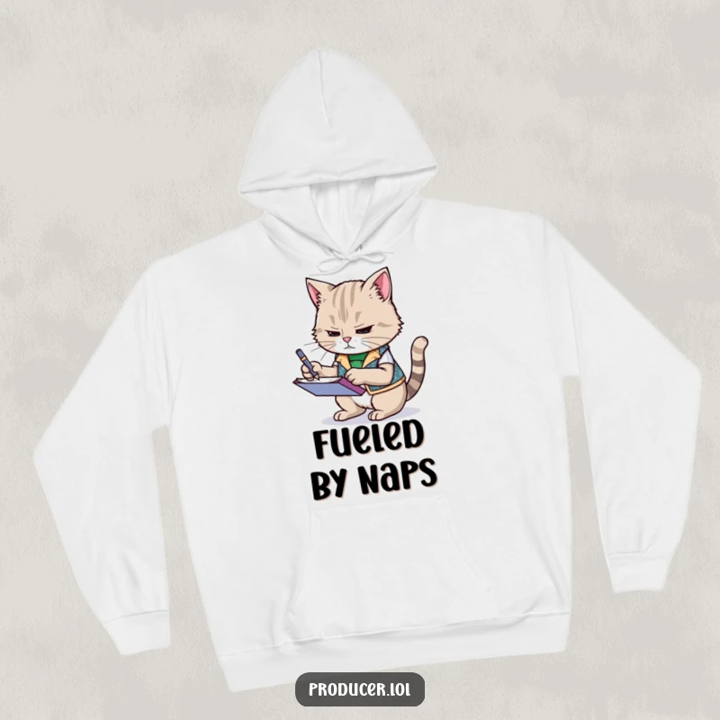 Funny cat wearing a sparkly vest, frantically scribbling notes on a notepad, cozy hoodie design, perfect for cold weather comfort and humor.