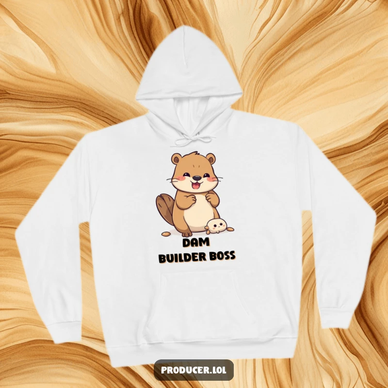 Funny Beaver Hoodie: A happy beaver is shown enthusiastically building a complex structure, perfect for cozy crafting sessions.