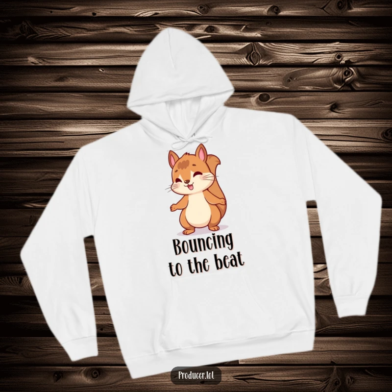 Funny hoodie featuring an energetic squirrel bouncing happily and rhythmically nodding its head to an infectious, upbeat musical rhythm.